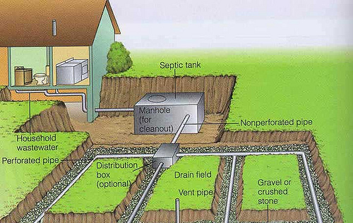 Diagram of a household septic system showing the septic tank, drain field, distribution box, and various pipes including perforated, nonperforated, and vent pipes.